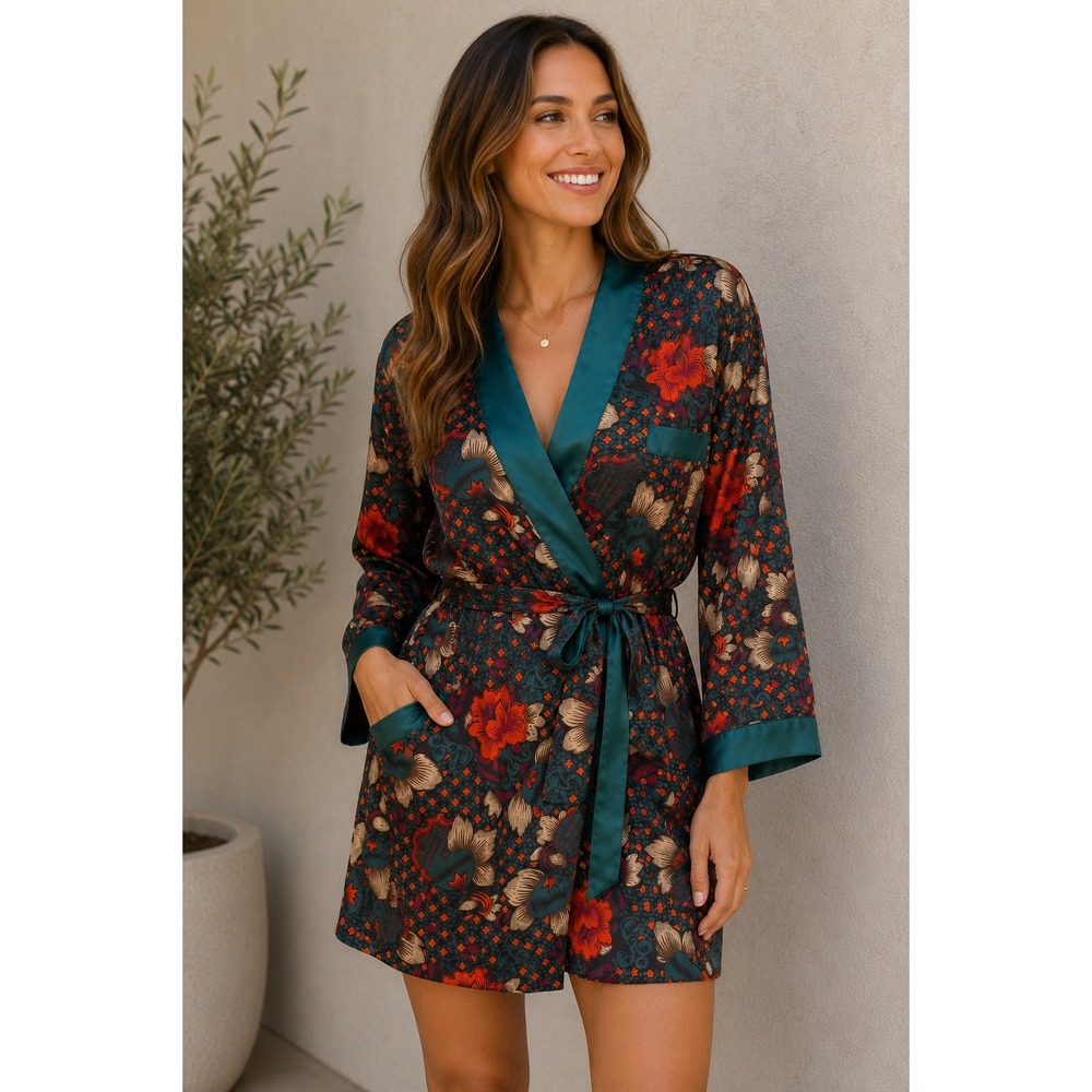 VTG Women's M Satin Robe and Nightgown Set Teal Floral Boho 90s Retro